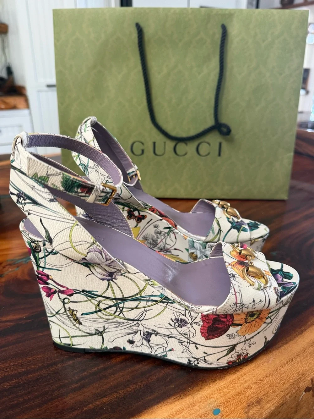 Gucci Floral Platform Sandals in White with Lavender Insole and Gold Hardware